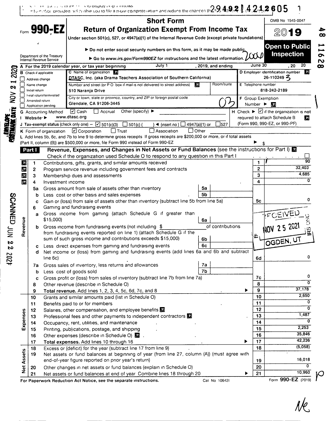 Image of first page of 2019 Form 990EZ for Drama Teachers Association of Southern California (DTASC)