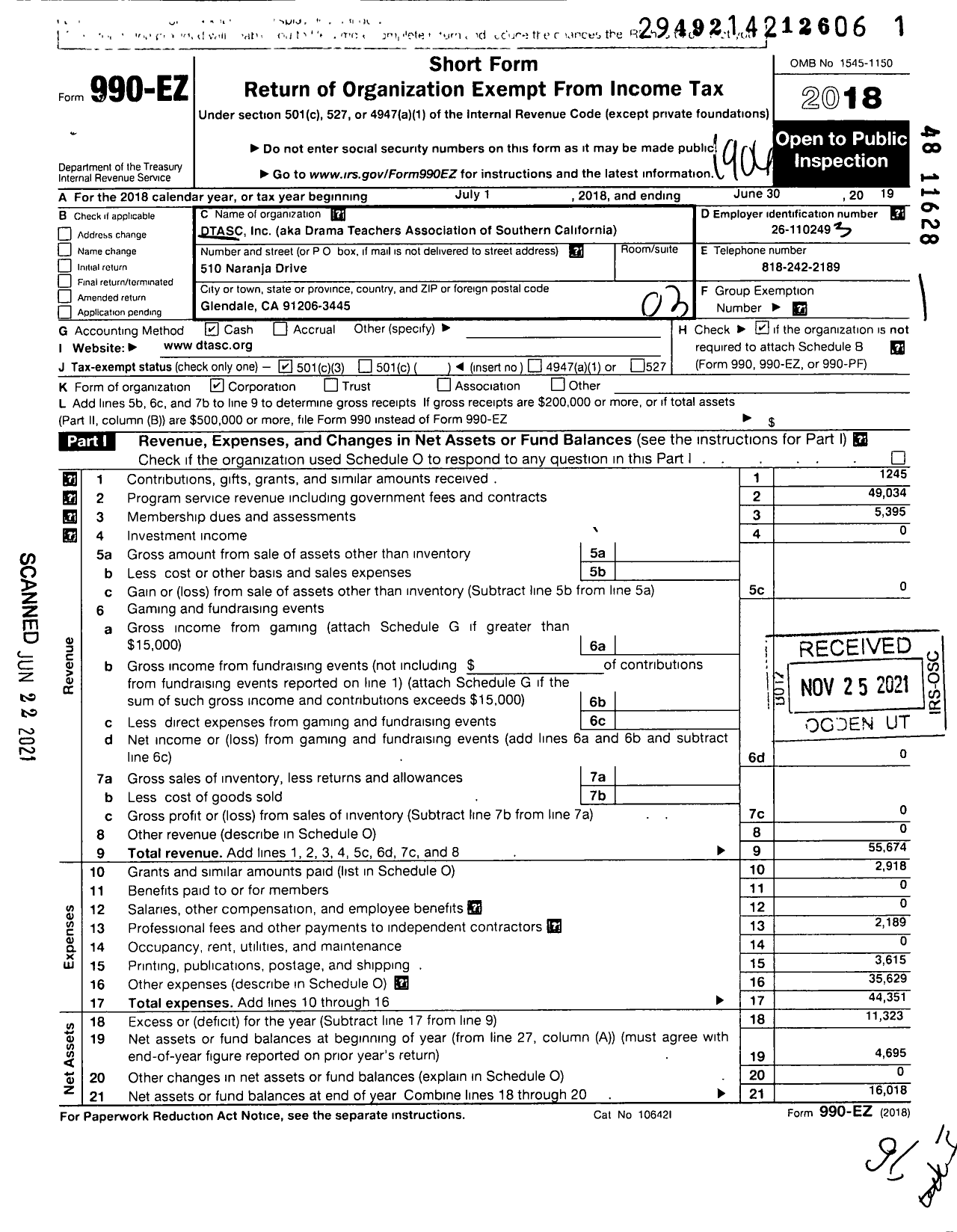 Image of first page of 2018 Form 990EZ for Drama Teachers Association of Southern California (DTASC)