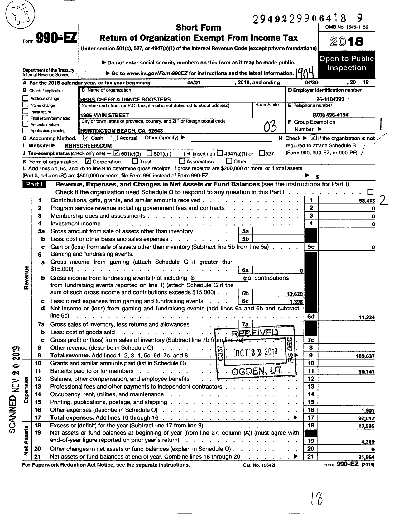 Image of first page of 2018 Form 990EZ for HBHS Cheer and Dance Boosters