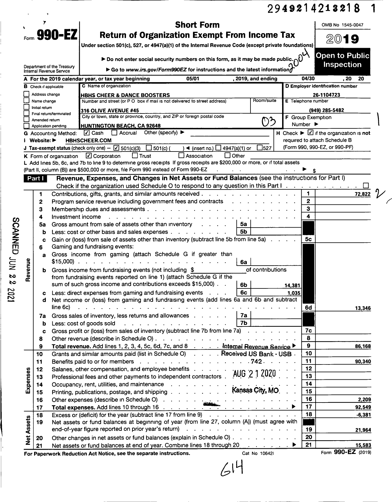 Image of first page of 2019 Form 990EZ for HBHS Cheer and Dance Boosters