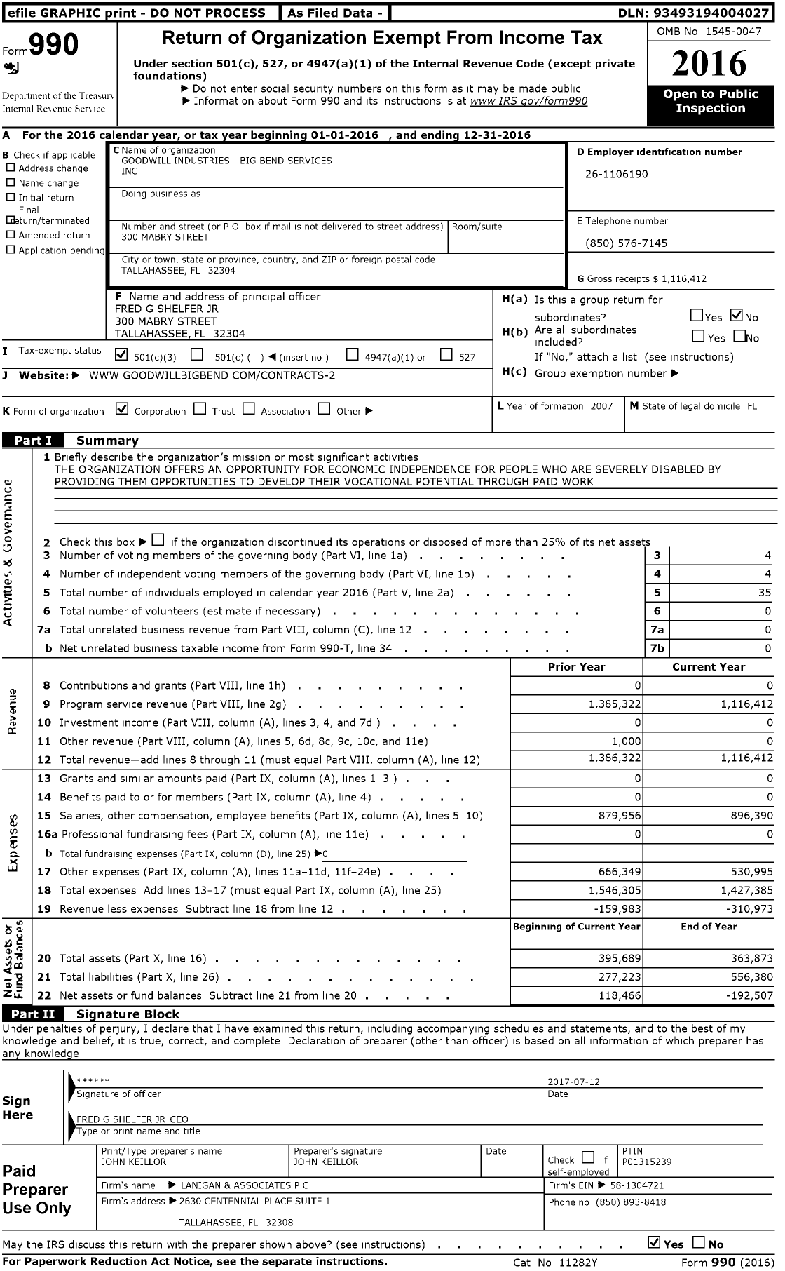 Image of first page of 2016 Form 990 for Goodwill Industries - Big Bend Services