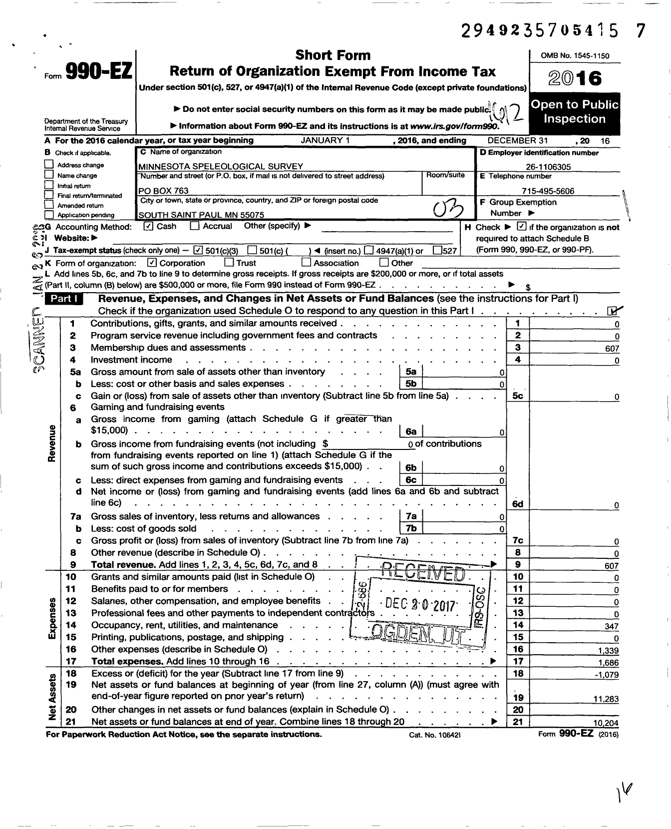 Image of first page of 2016 Form 990EZ for Minnesota Speleological Survey