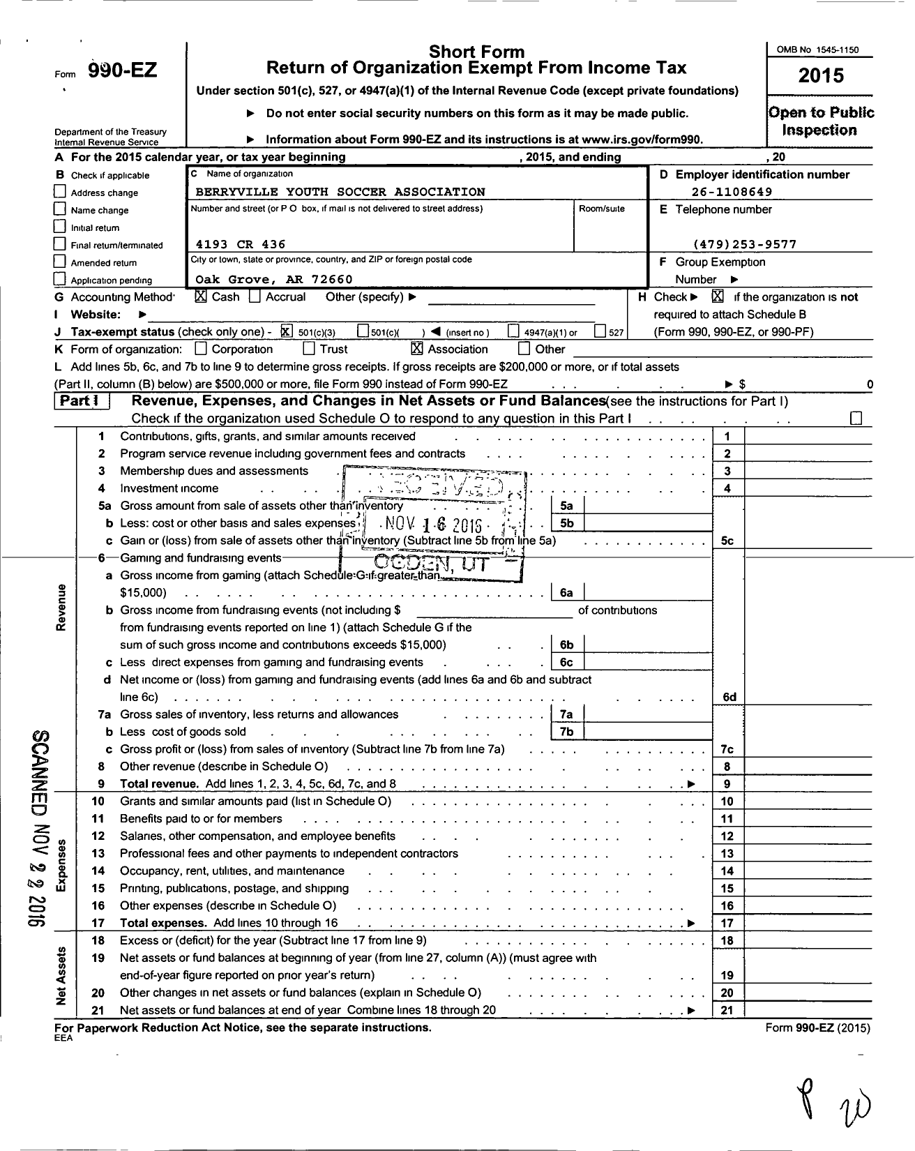 Image of first page of 2015 Form 990EZ for Berryville Youth Soccer Association