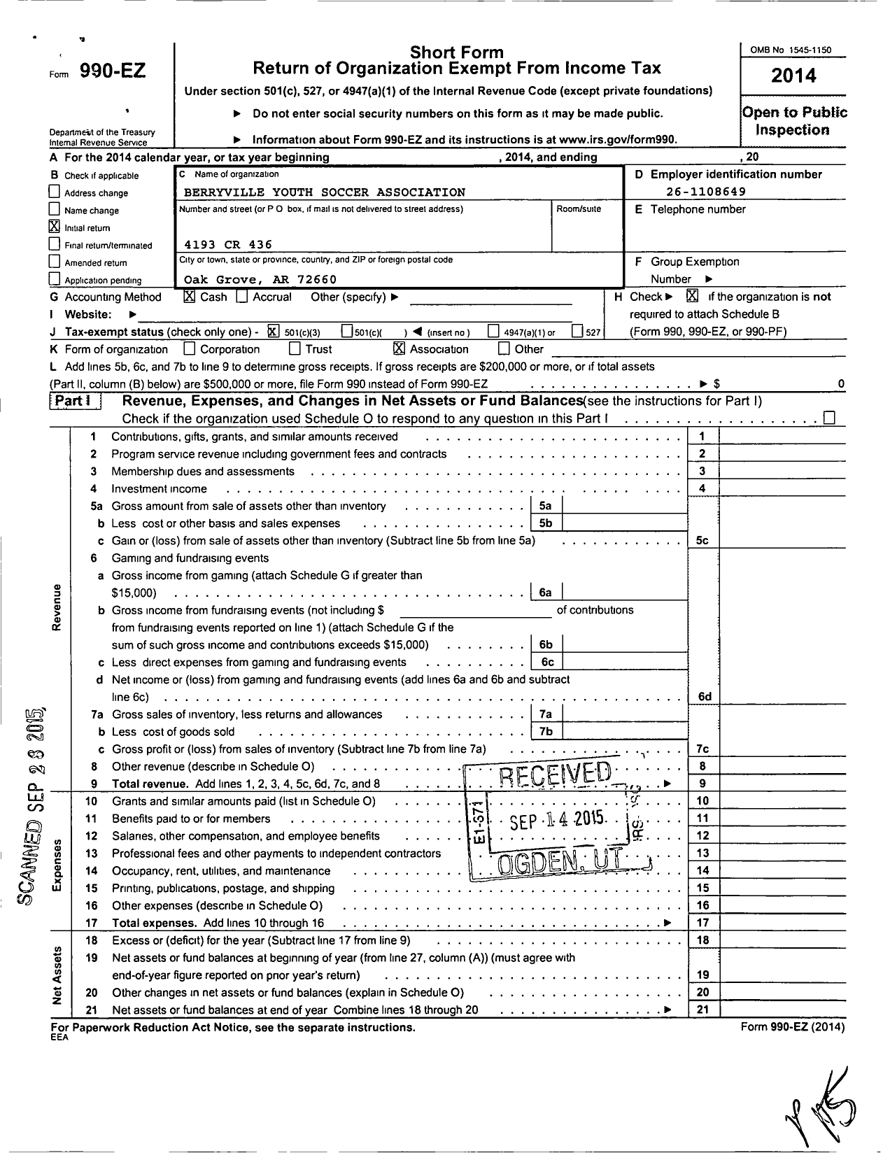 Image of first page of 2014 Form 990EZ for Berryville Youth Soccer Association