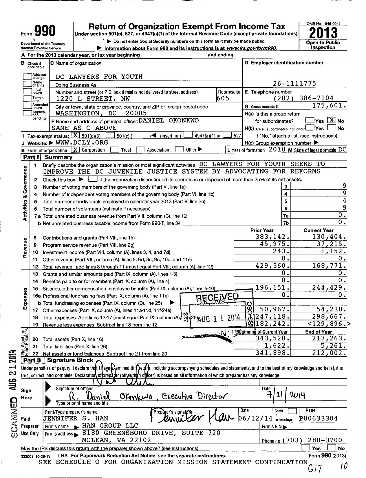 Image of first page of 2013 Form 990 for DC Lawyers for Youth