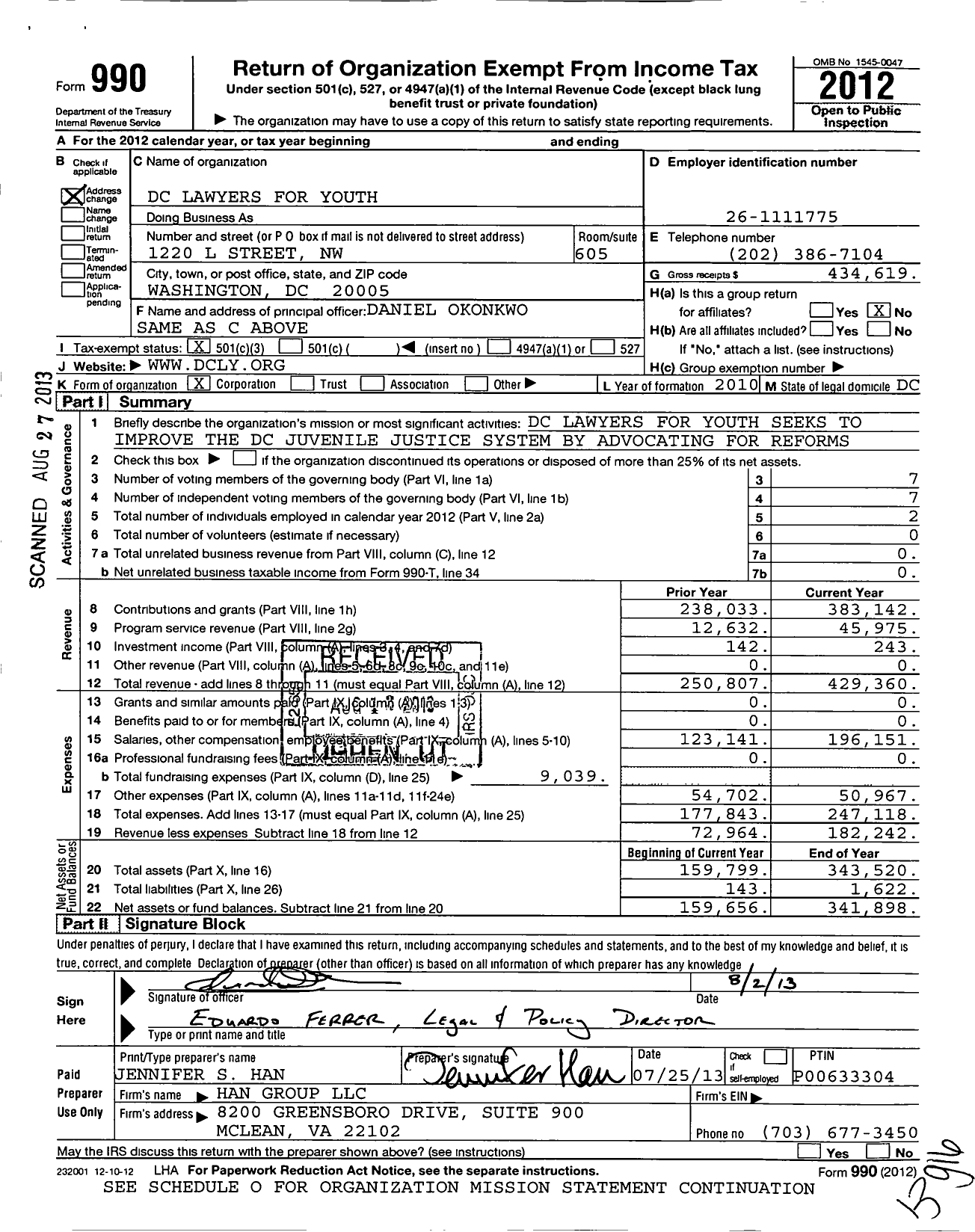 Image of first page of 2012 Form 990 for DC Lawyers for Youth