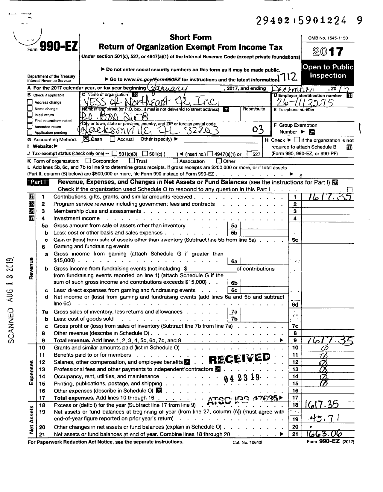 Image of first page of 2017 Form 990EZ for Yess of Northeast Florida