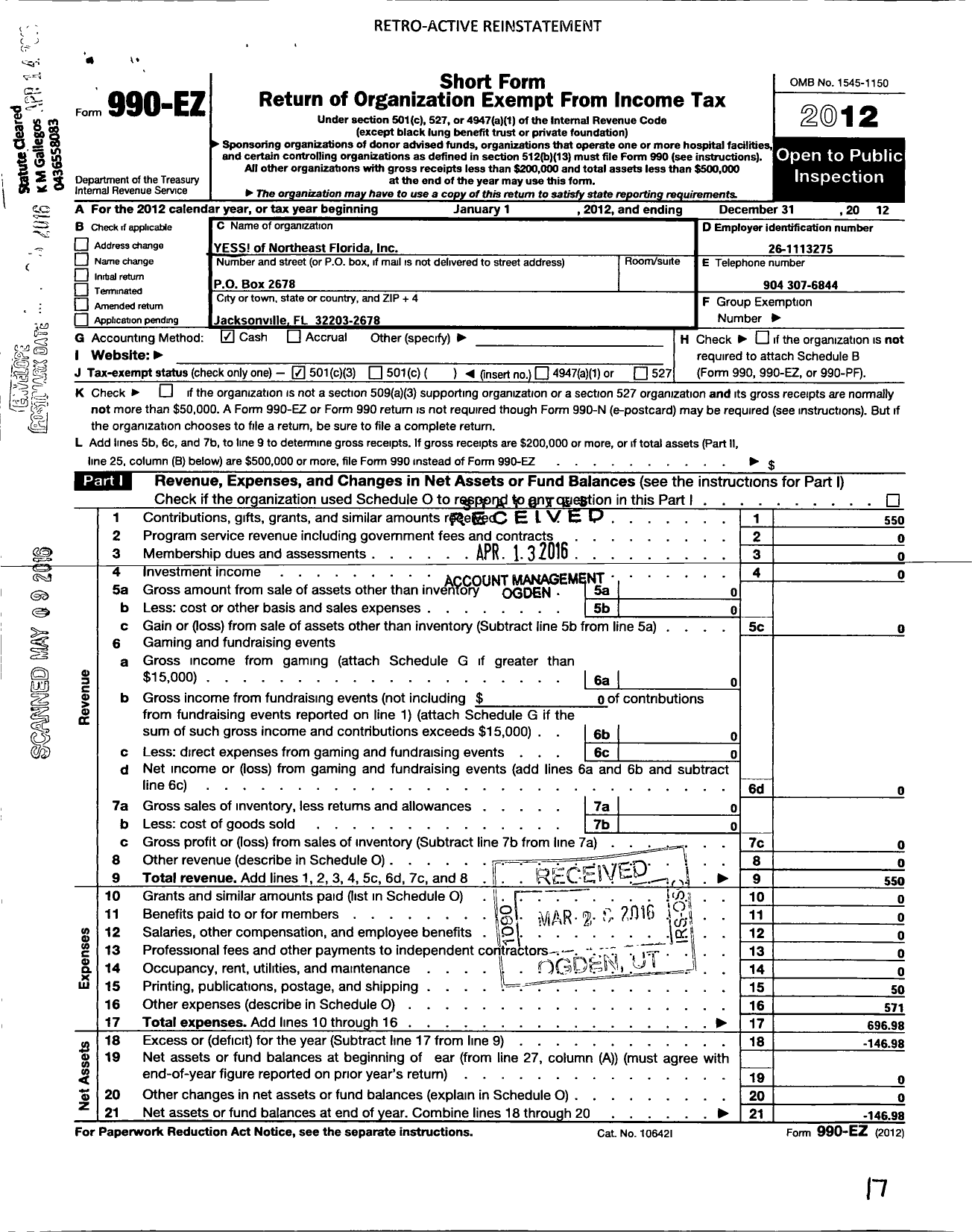 Image of first page of 2012 Form 990EZ for Yess of Northeast Florida