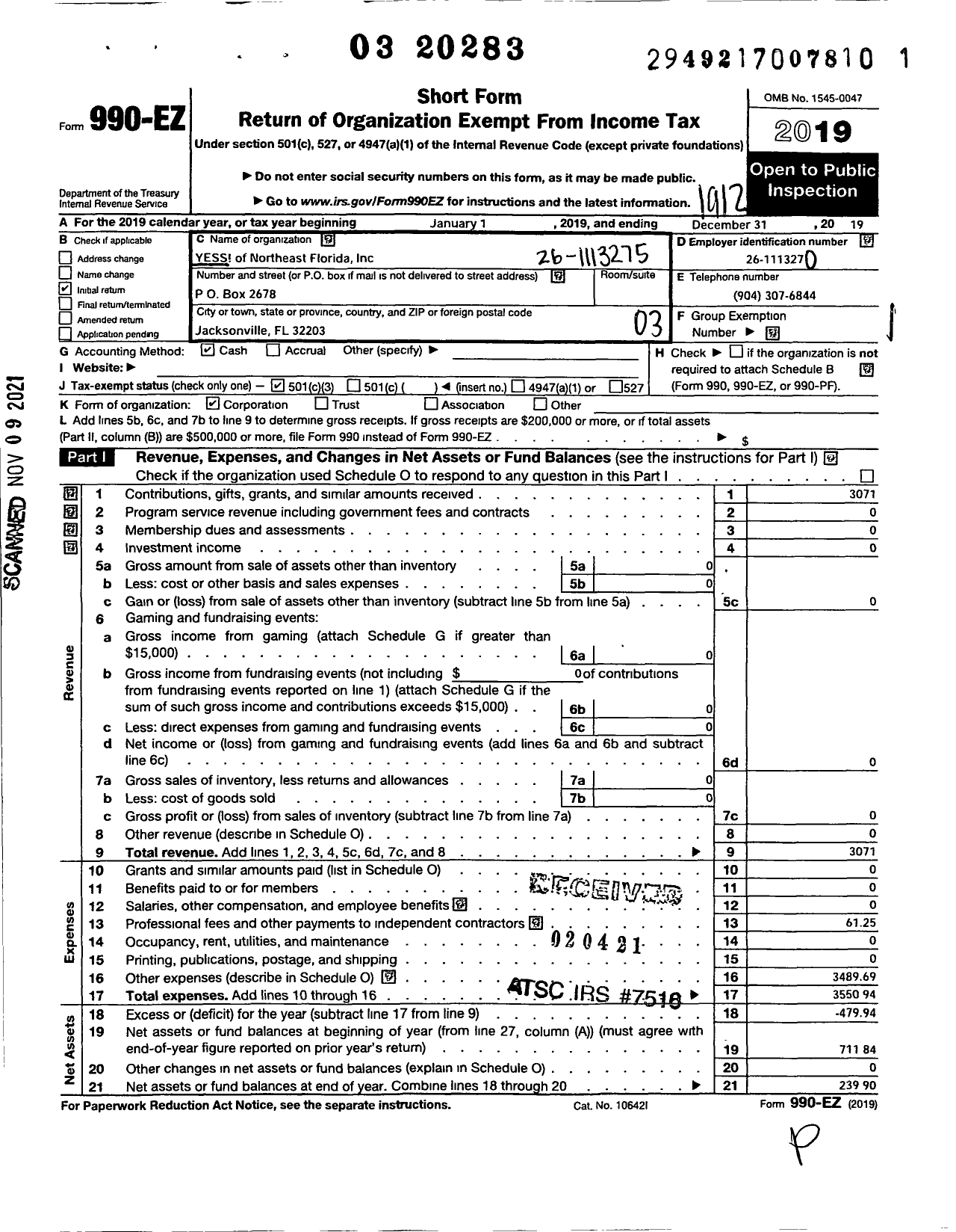 Image of first page of 2019 Form 990EZ for Yess of Northeast Florida