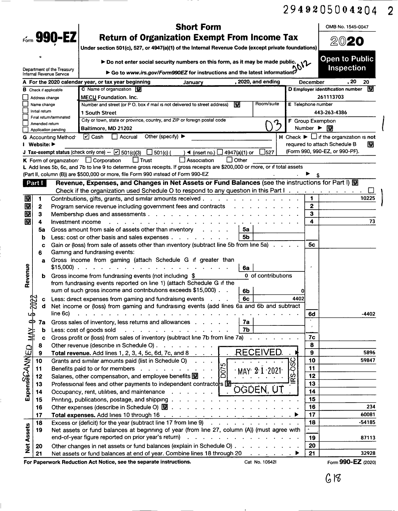 Image of first page of 2020 Form 990EZ for MECU Foundation