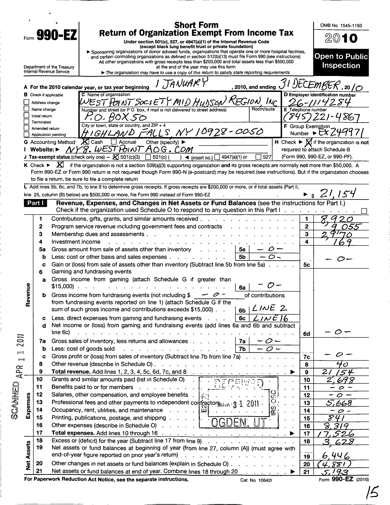 Image of first page of 2010 Form 990EZ for West Point Society of the Mid Husdon Region