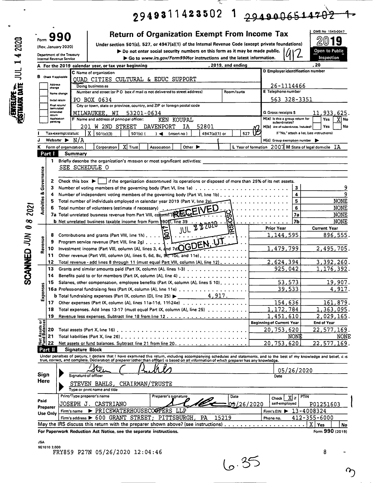 Image of first page of 2019 Form 990 for Quad Cities Cultural and Educational Supporting Charitable Trust