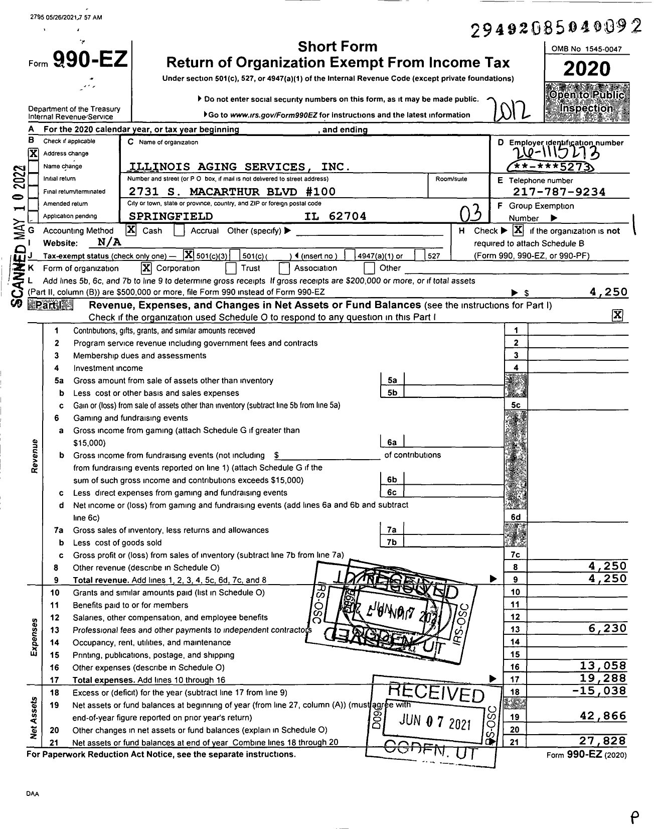 Image of first page of 2020 Form 990EZ for Illinois Aging Services