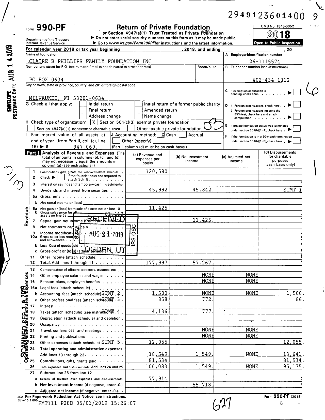 Image of first page of 2018 Form 990PF for Claire B Phillips Family Foundation