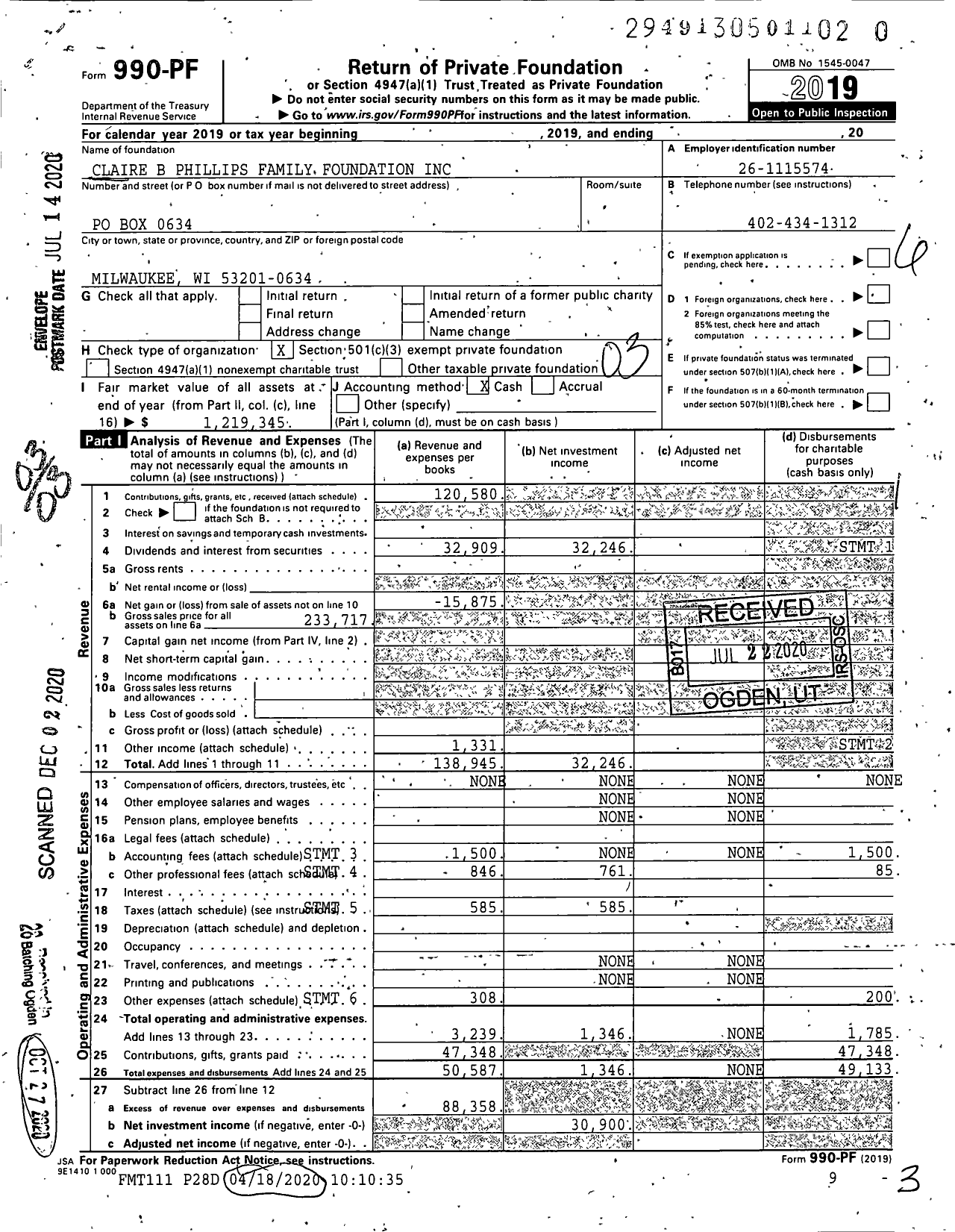 Image of first page of 2019 Form 990PF for Claire B Phillips Family Foundation