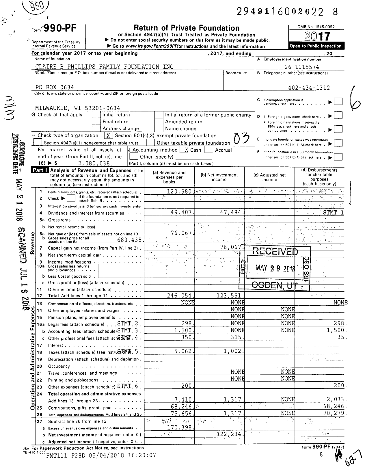 Image of first page of 2017 Form 990PF for Claire B Phillips Family Foundation