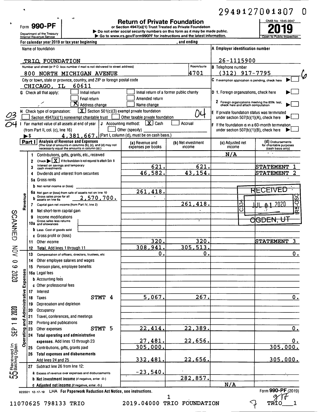 Image of first page of 2019 Form 990PF for Trio Foundation