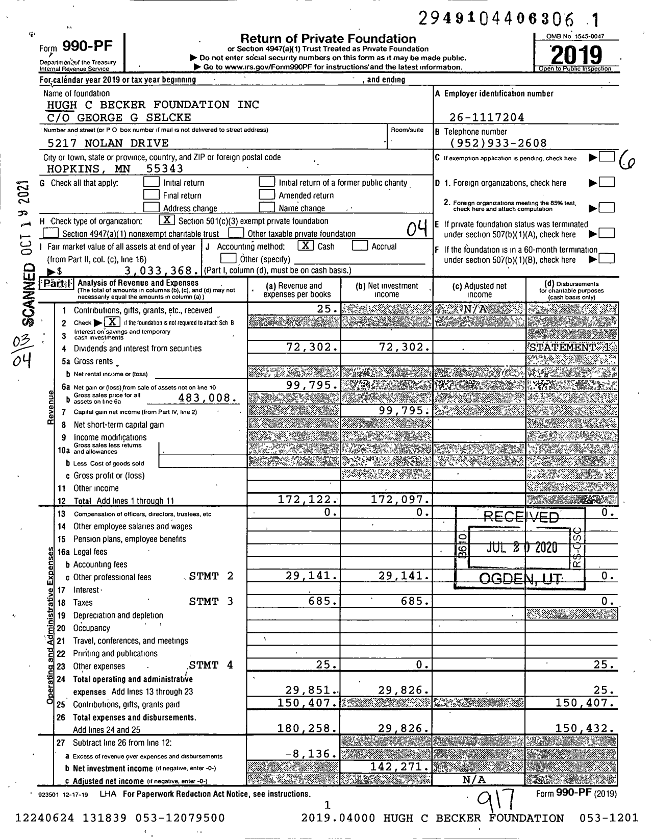 Image of first page of 2019 Form 990PF for Hugh C Becker Foundation