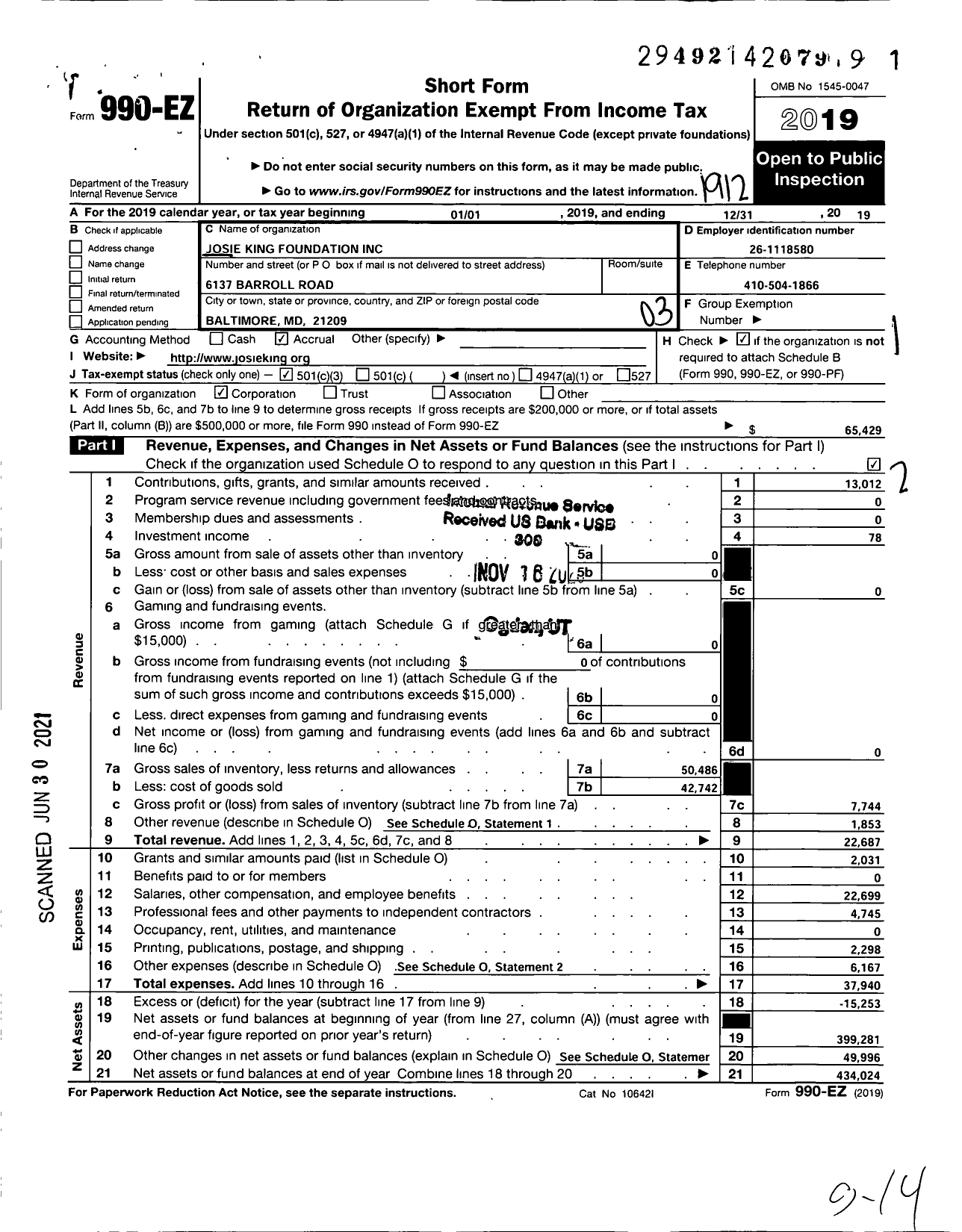 Image of first page of 2019 Form 990EZ for Josie King Foundation