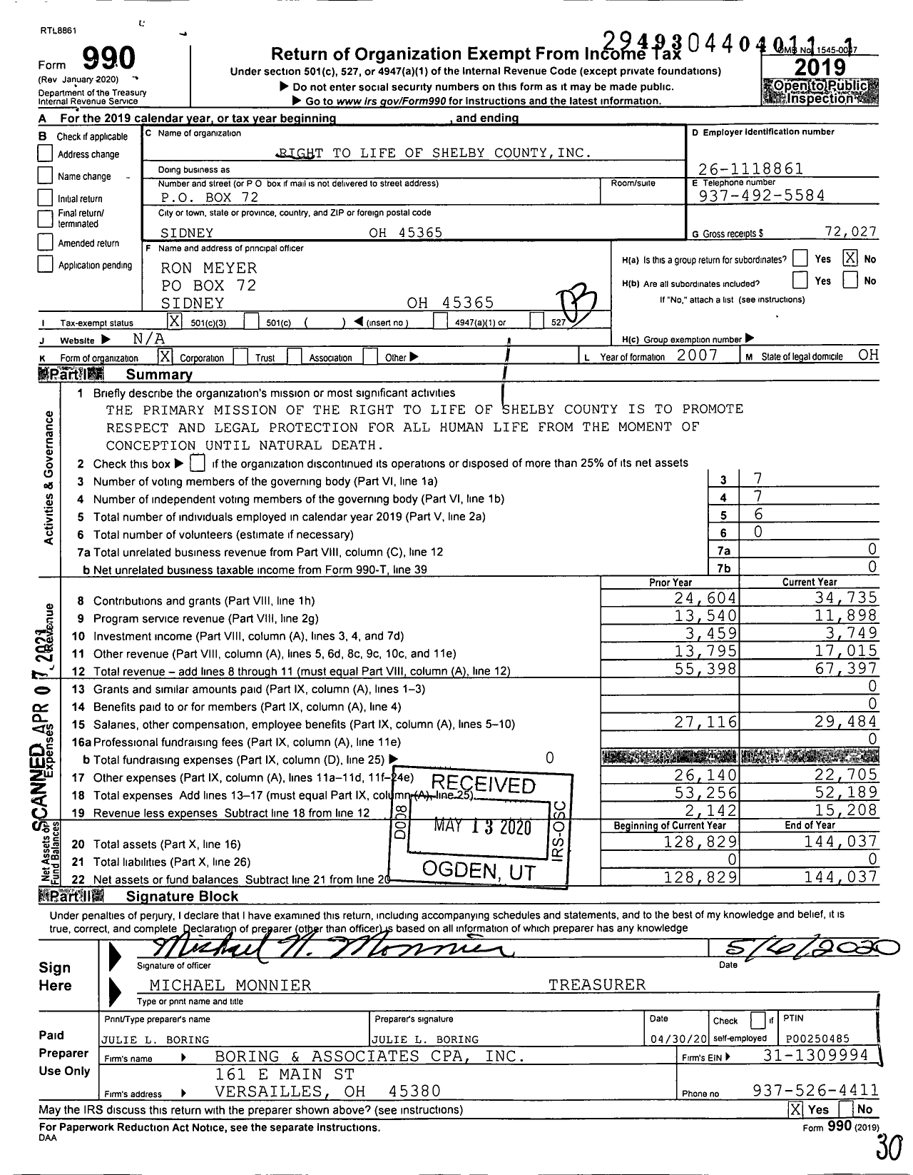 Image of first page of 2019 Form 990 for Right To Life of Shelby County