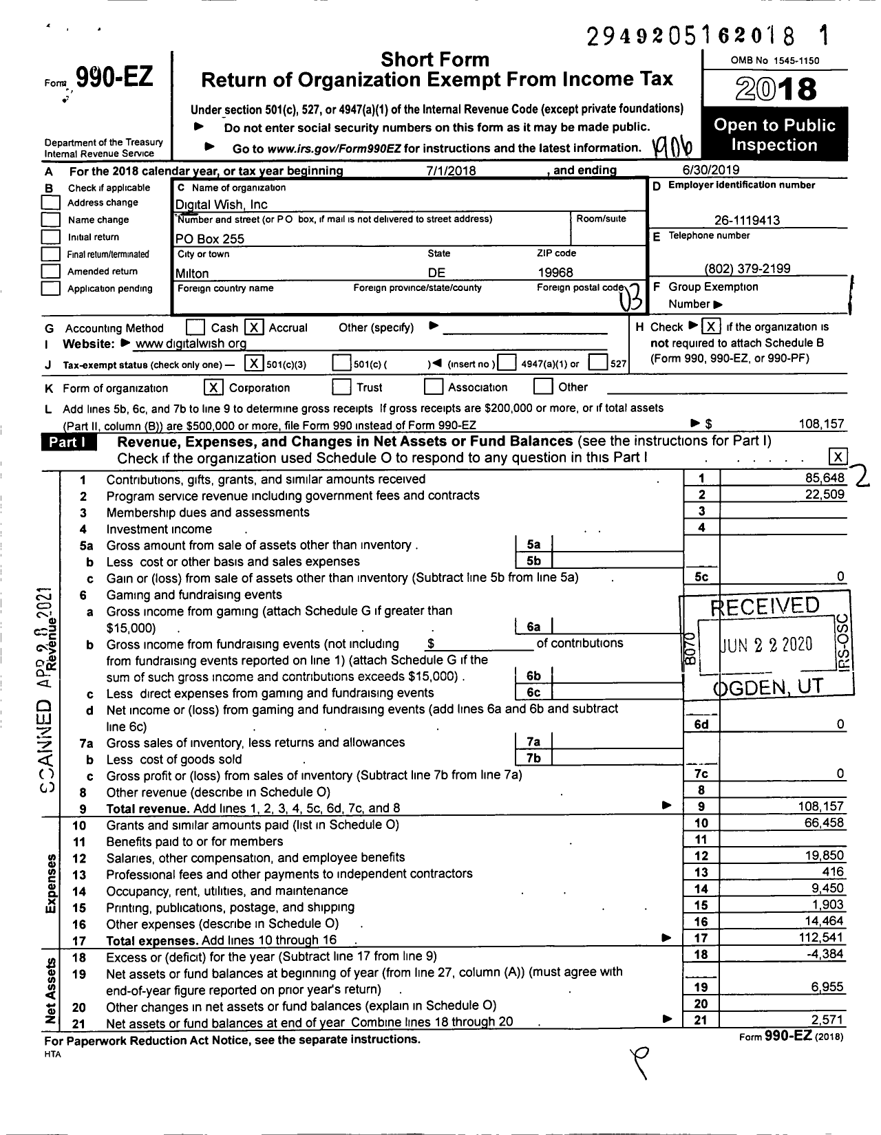 Image of first page of 2018 Form 990EZ for Digital Wish