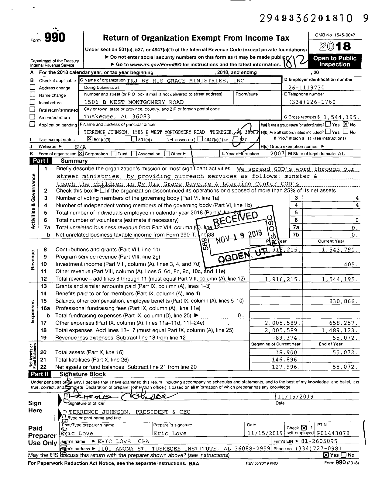 Image of first page of 2018 Form 990 for TKJ By His Grace Ministries