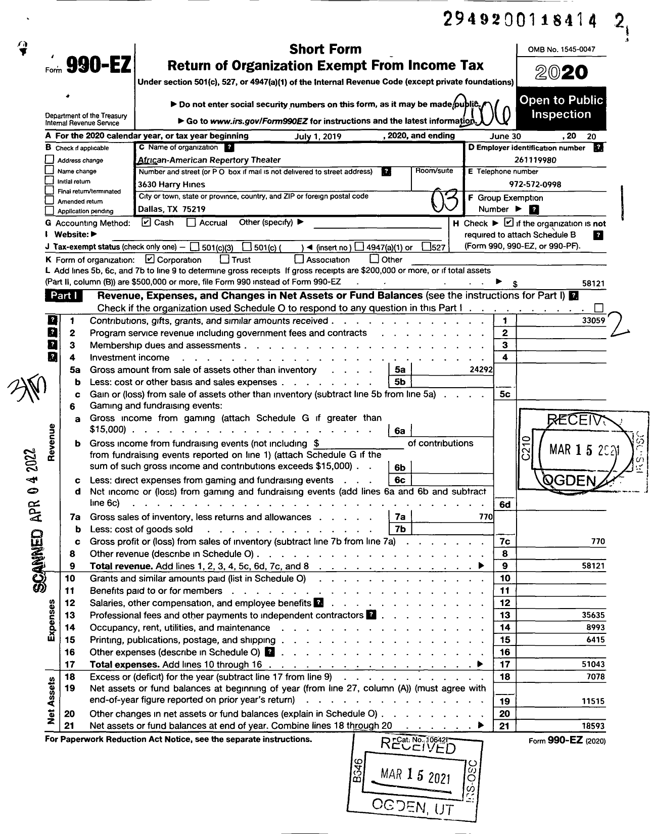 Image of first page of 2019 Form 990EZ for African-American Repertory Theater