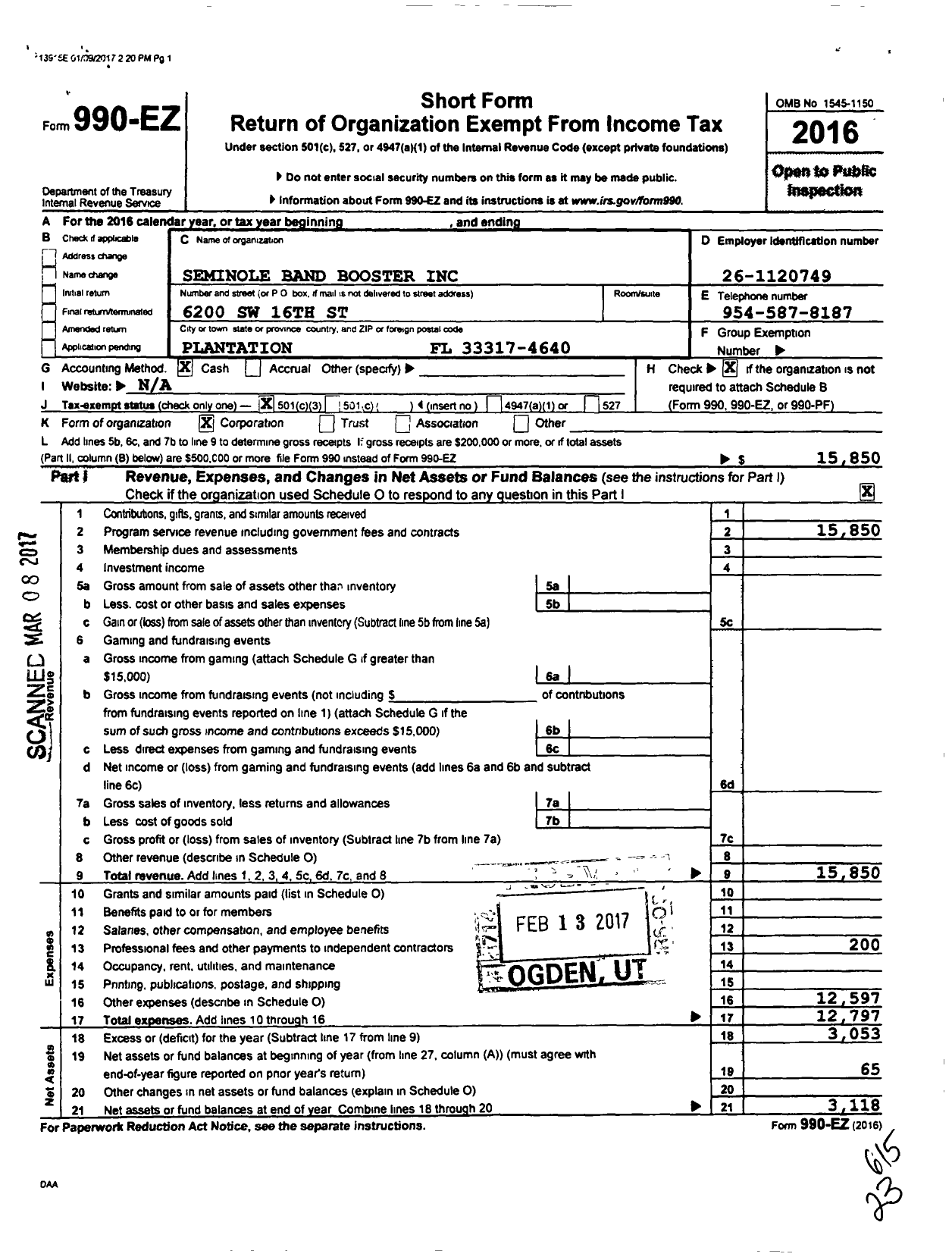 Image of first page of 2016 Form 990EZ for Seminole Band Booster