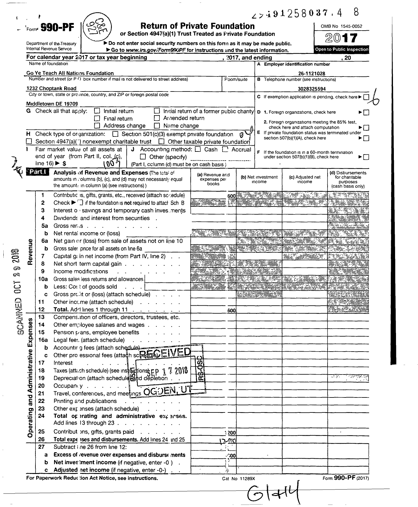 Image of first page of 2017 Form 990PF for Go Ye Teach All Nations Foundation