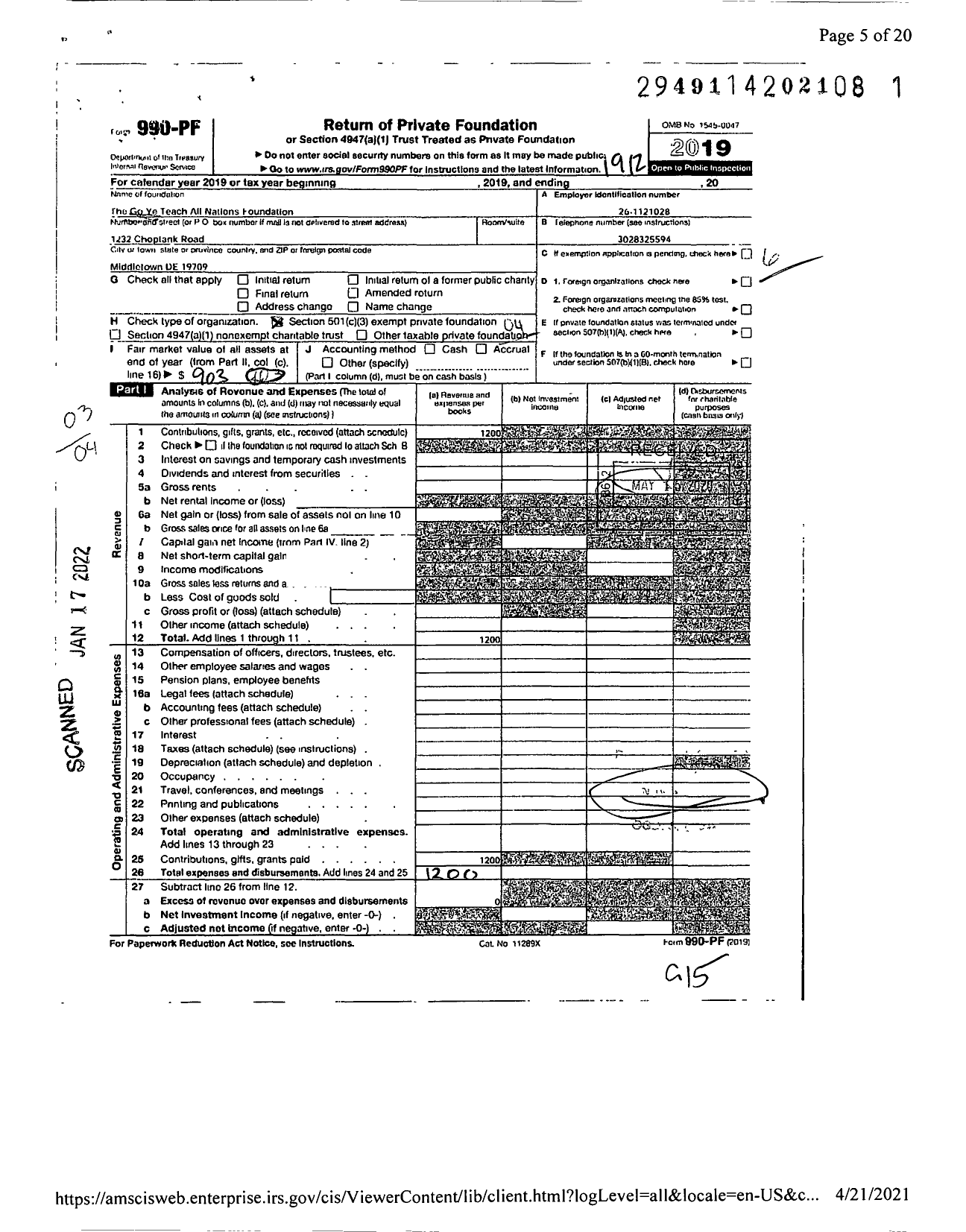 Image of first page of 2019 Form 990PF for Go Ye Teach All Nations Foundation