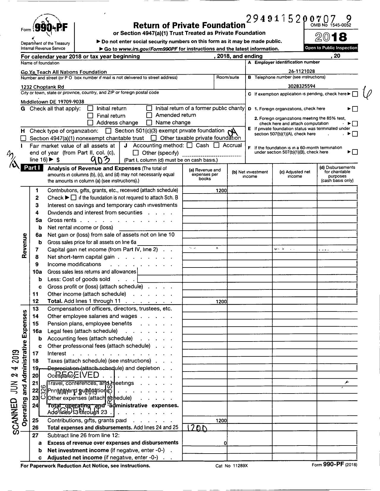 Image of first page of 2018 Form 990PF for Go Ye Teach All Nations Foundation