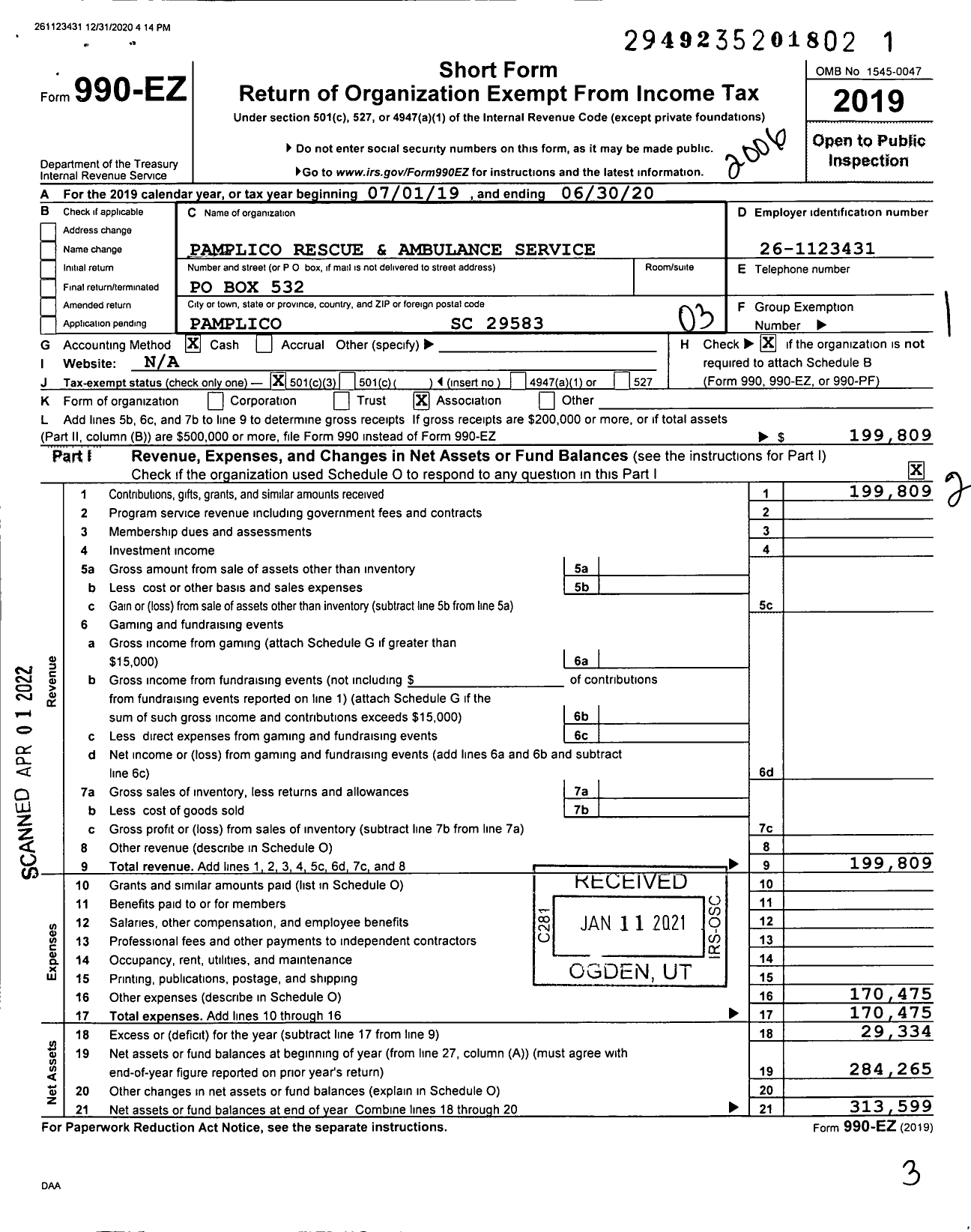 Image of first page of 2019 Form 990EZ for Pamplico Rescue and Ambulance Service