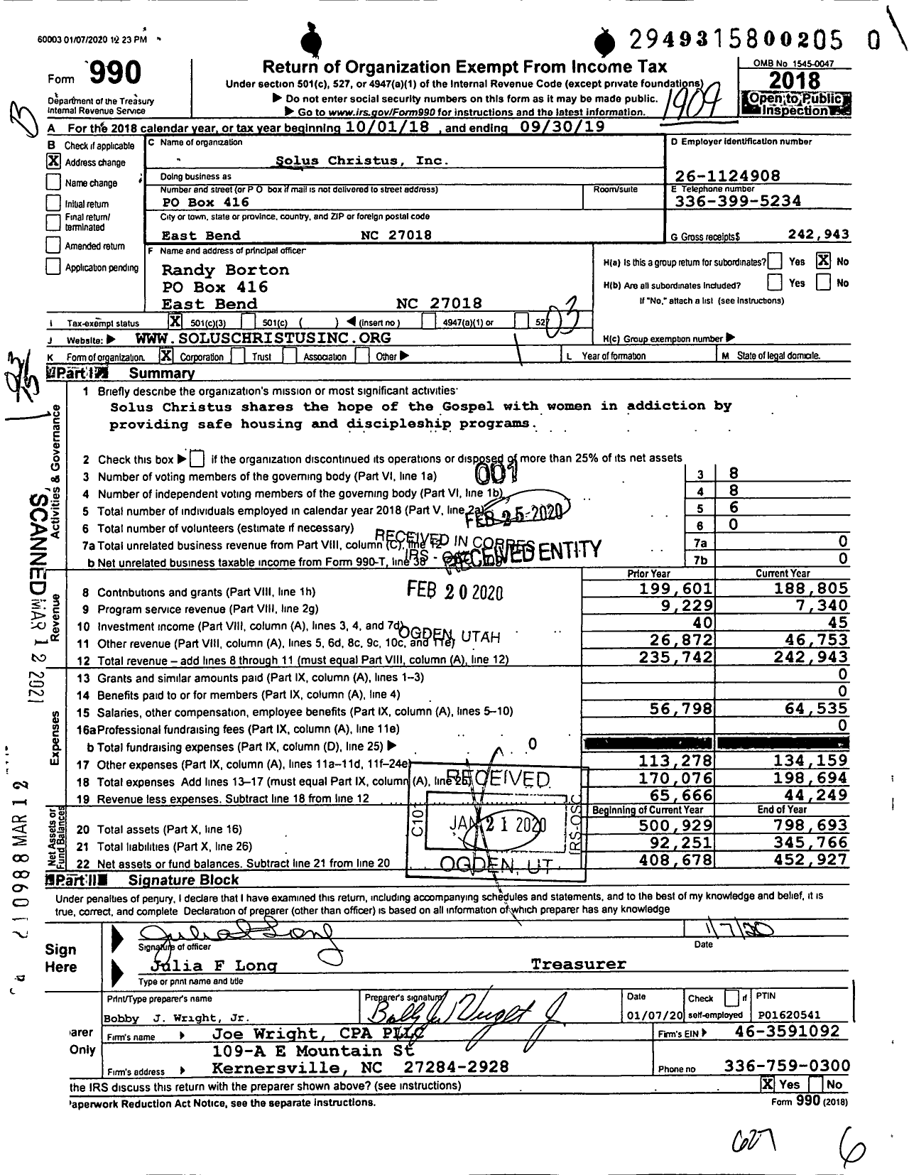 Image of first page of 2018 Form 990 for Solus Christus