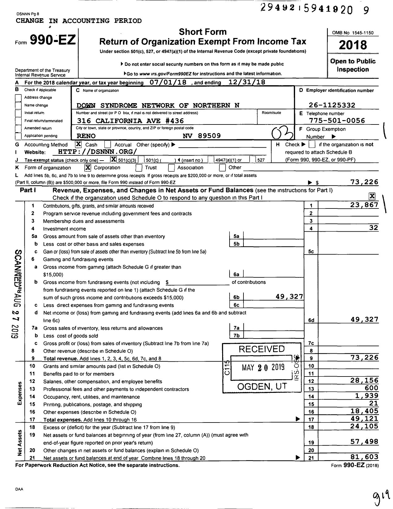 Image of first page of 2018 Form 990EZ for Down Syndrome Network of Northern Nevada