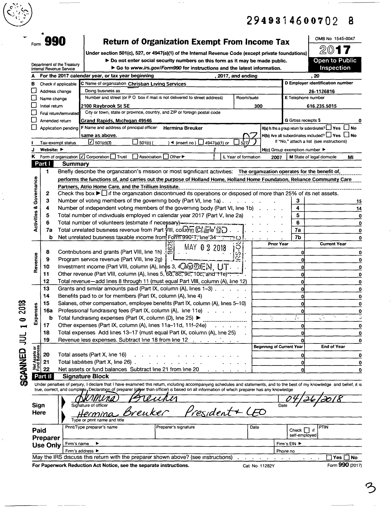 Image of first page of 2017 Form 990 for Christian Living Services