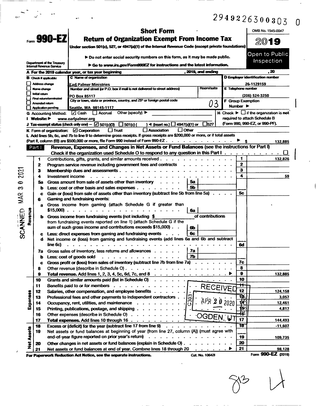 Image of first page of 2019 Form 990EZ for Earl Palmer Ministries