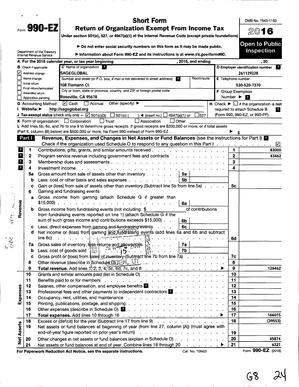 Image of first page of 2016 Form 990EZ for Sageglobal