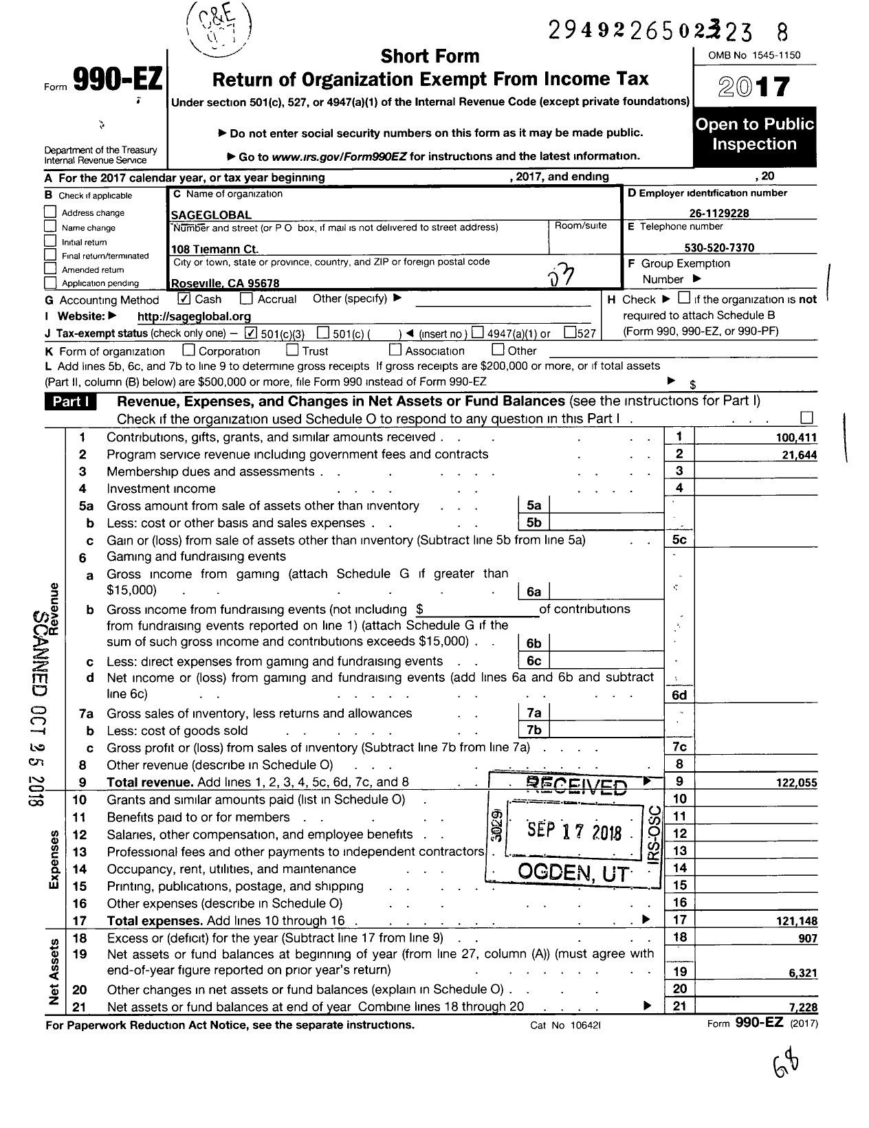 Image of first page of 2017 Form 990EZ for Sageglobal