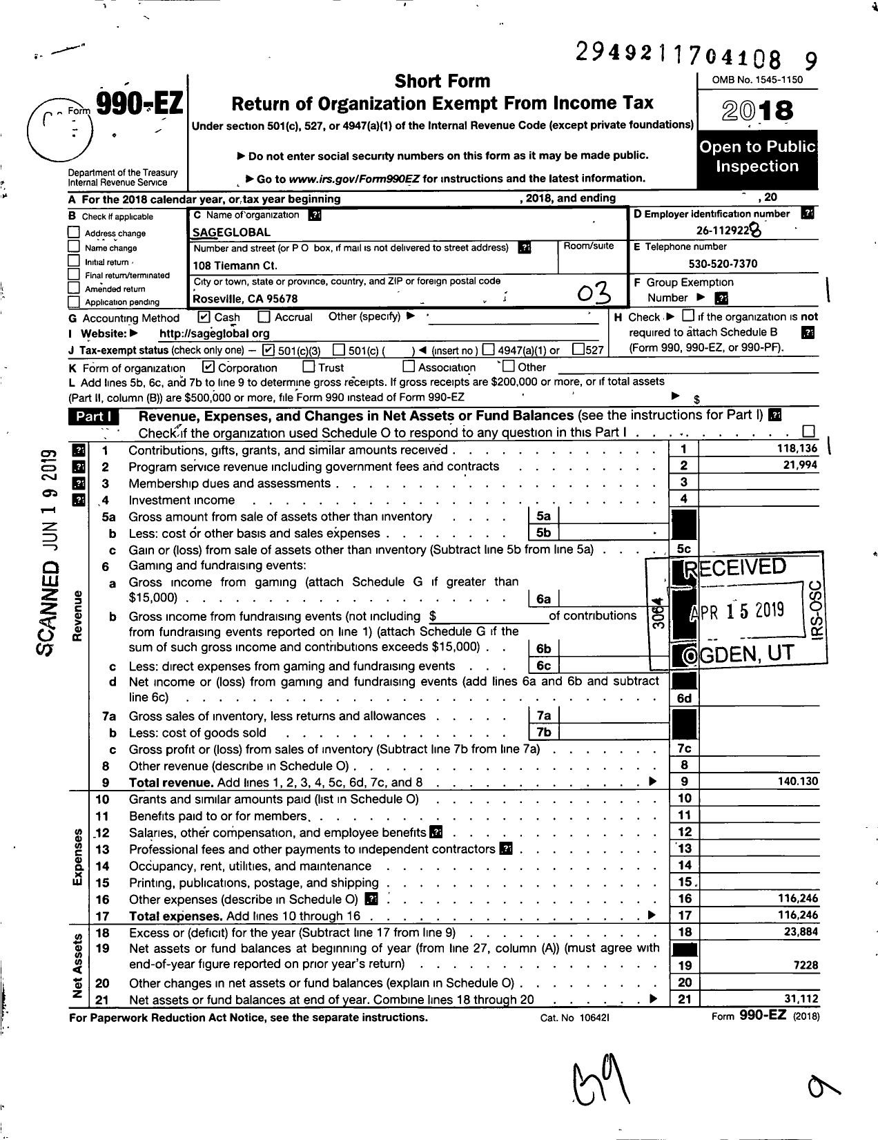 Image of first page of 2018 Form 990EZ for Sageglobal