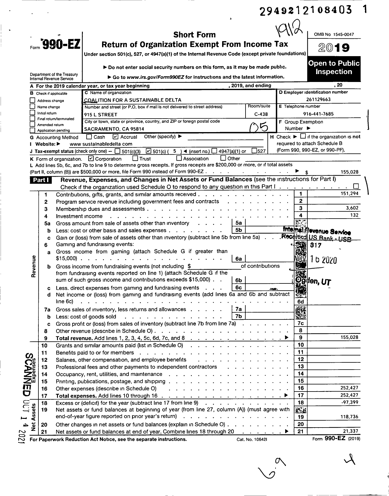 Image of first page of 2019 Form 990EO for Coalition for A Sustainable Delta