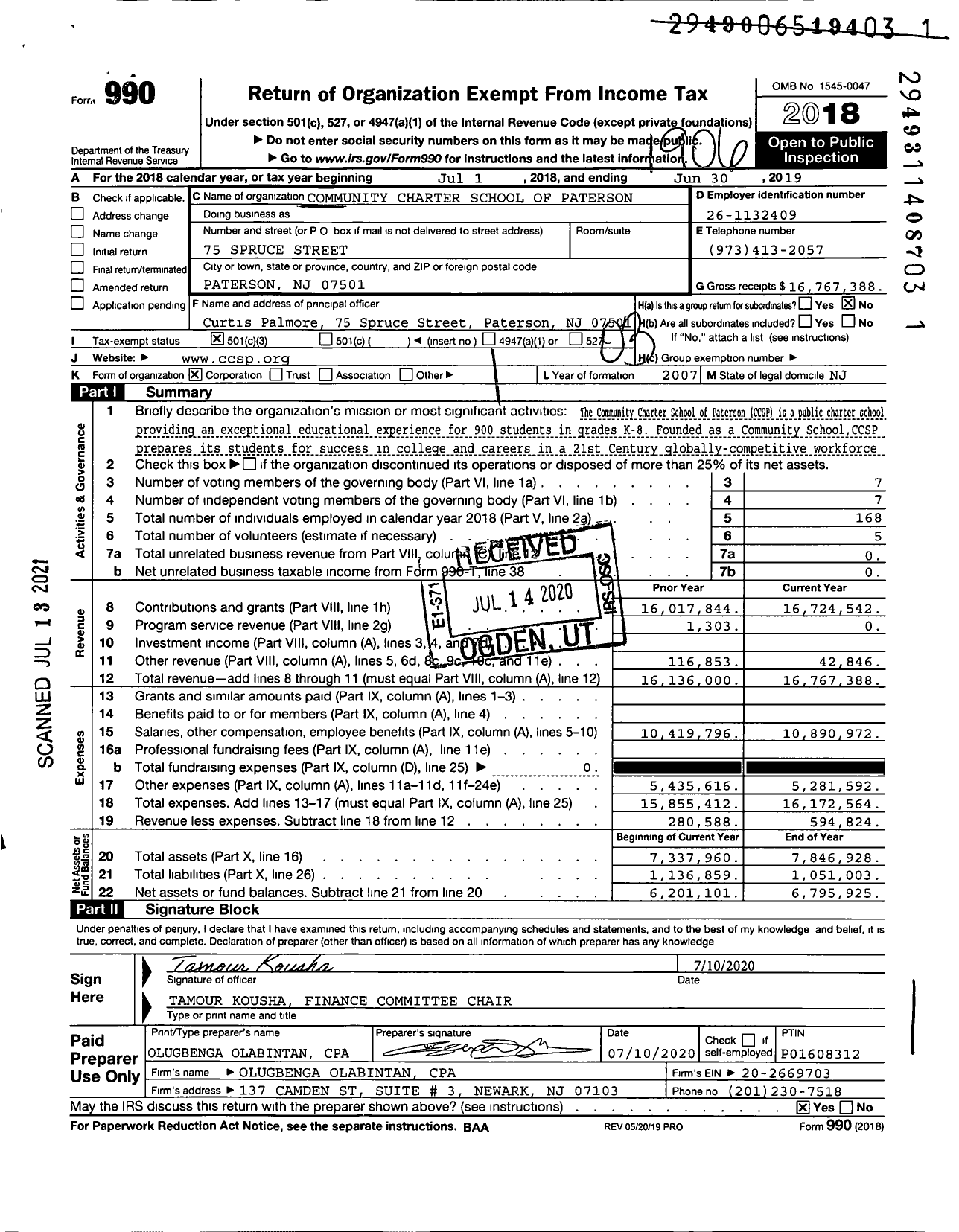 Image of first page of 2018 Form 990 for Community Charter School of Paterson (CCSP)