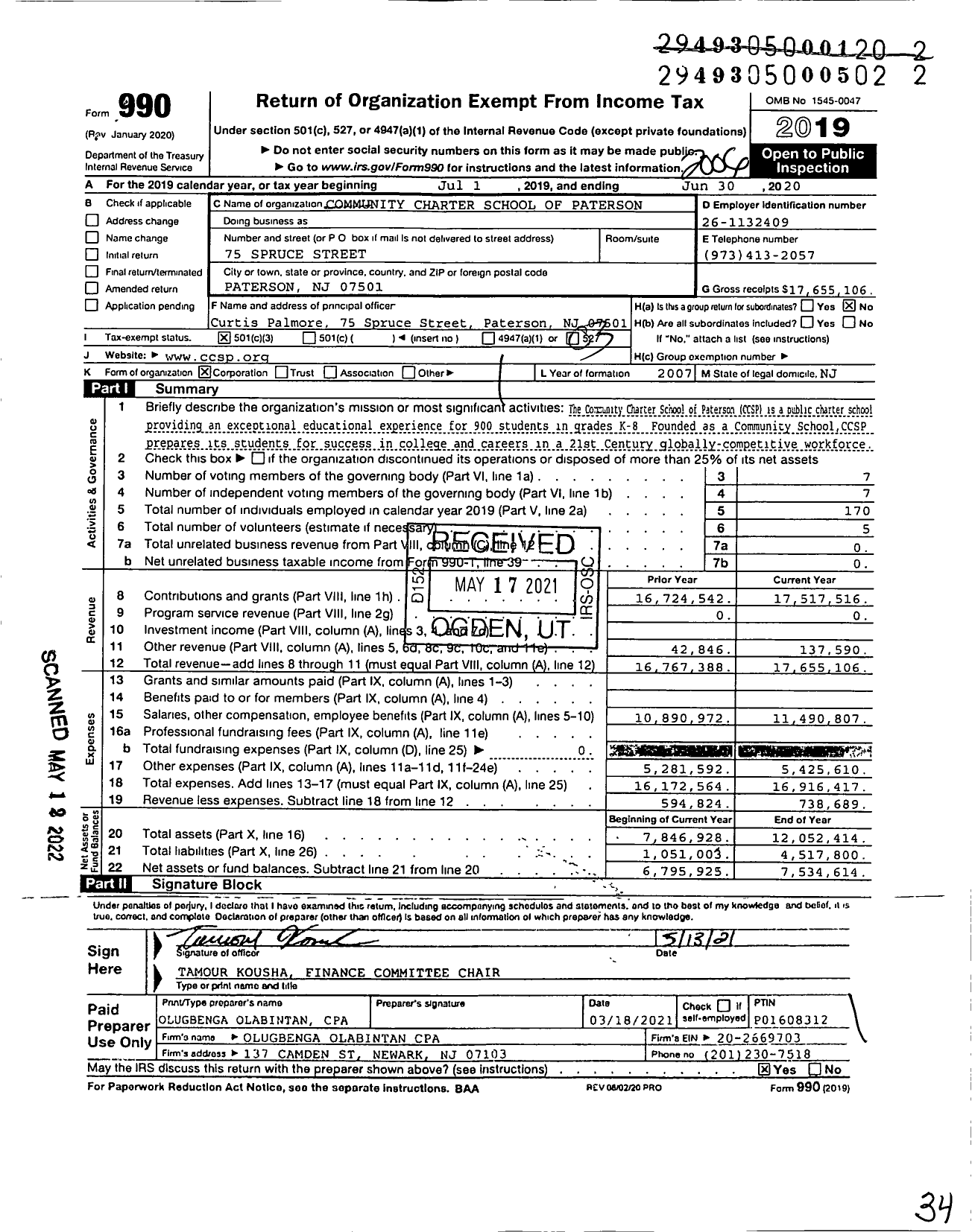 Image of first page of 2019 Form 990 for Community Charter School of Paterson (CCSP)