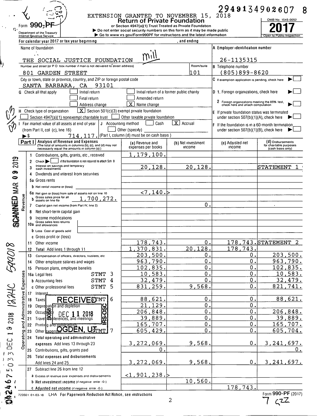 Image of first page of 2017 Form 990PF for The Social Justice Foundation