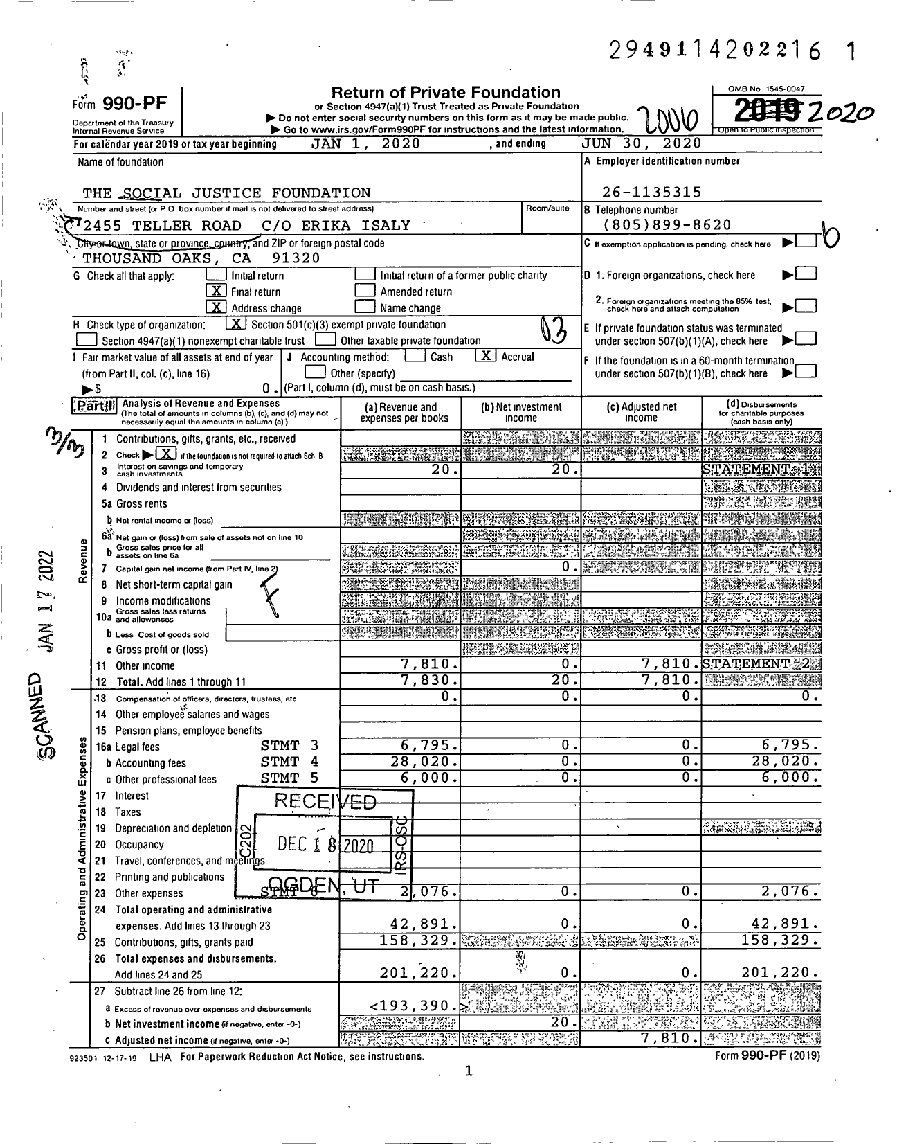 Image of first page of 2019 Form 990PF for The Social Justice Foundation