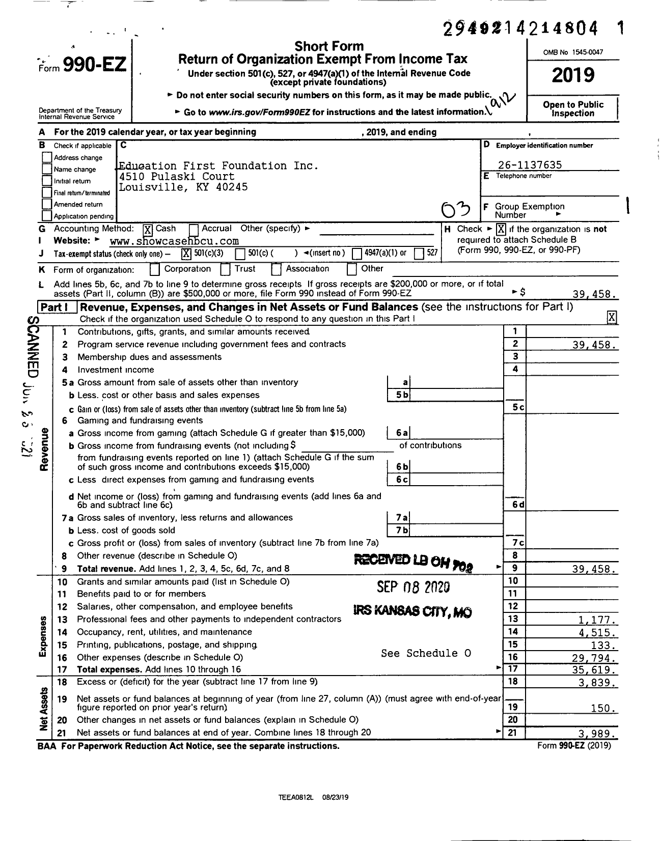 Image of first page of 2019 Form 990EZ for Education First Foundation