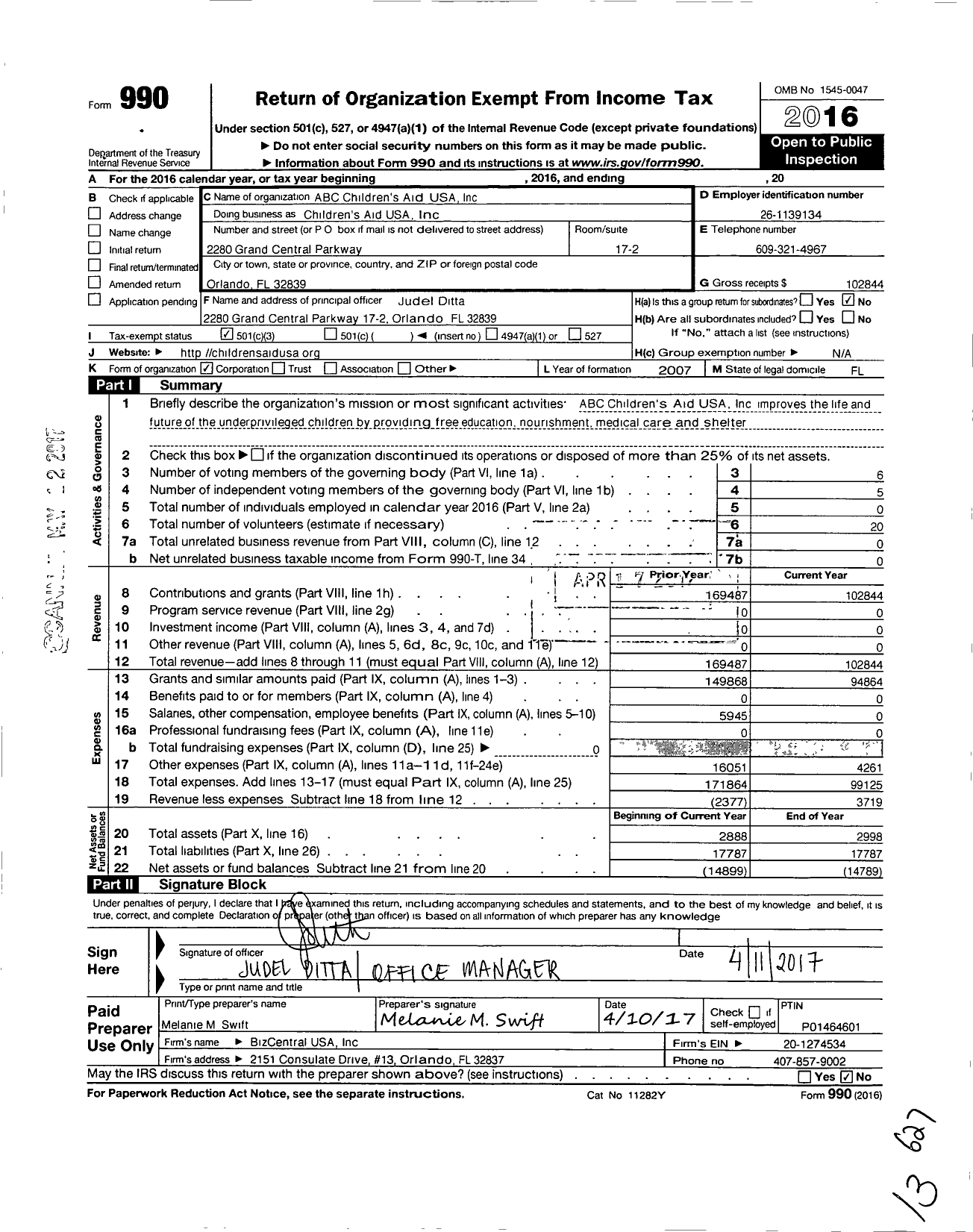 Image of first page of 2016 Form 990 for Abc Childrens Aid USA