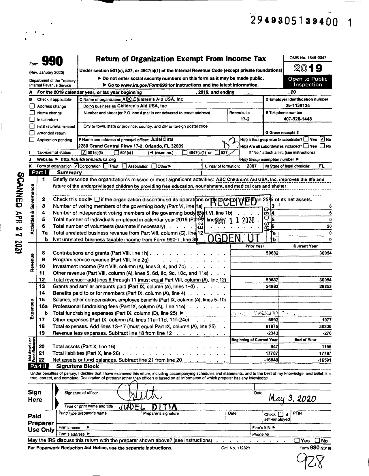 Image of first page of 2019 Form 990 for Abc Childrens Aid USA