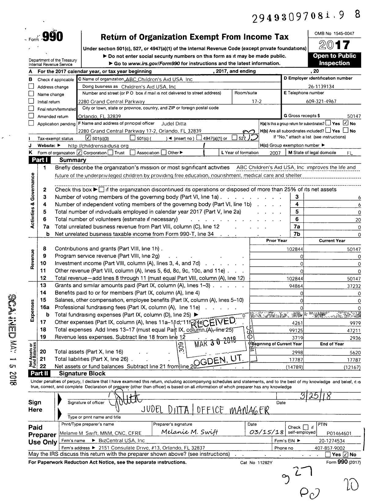 Image of first page of 2017 Form 990 for Abc Childrens Aid USA