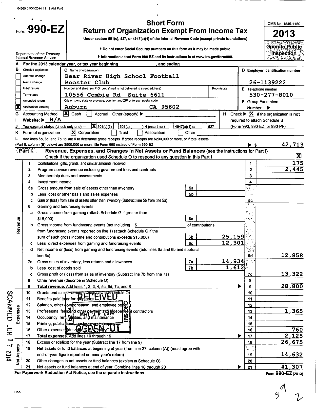 Image of first page of 2013 Form 990EZ for Bear River High School Football Booster Club