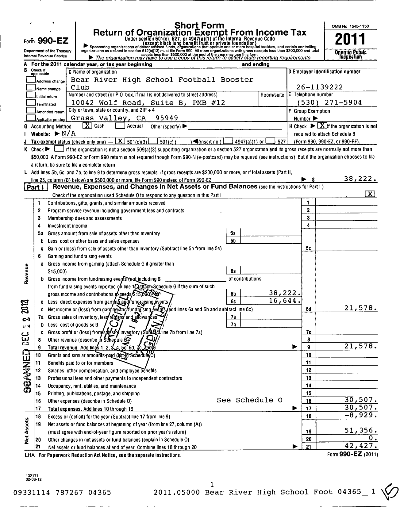 Image of first page of 2011 Form 990EZ for Bear River High School Football Booster Club